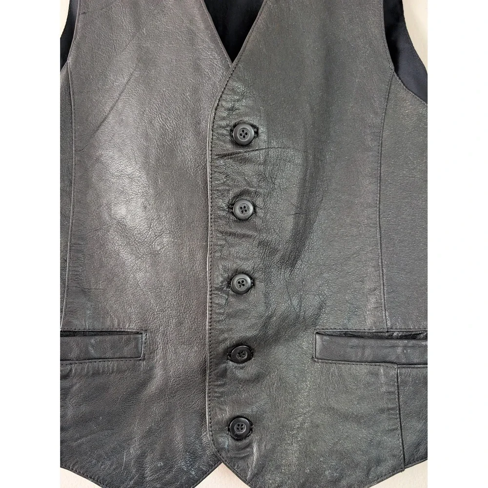 Wilsons Mens M Black Leather Button Front Vest Steampunk Biker Moto Edgy Vintage